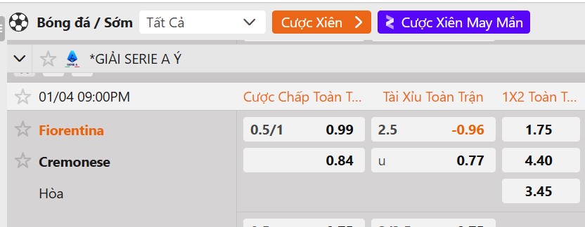 Tỷ lệ kèo Fiorentina vs Cremonese