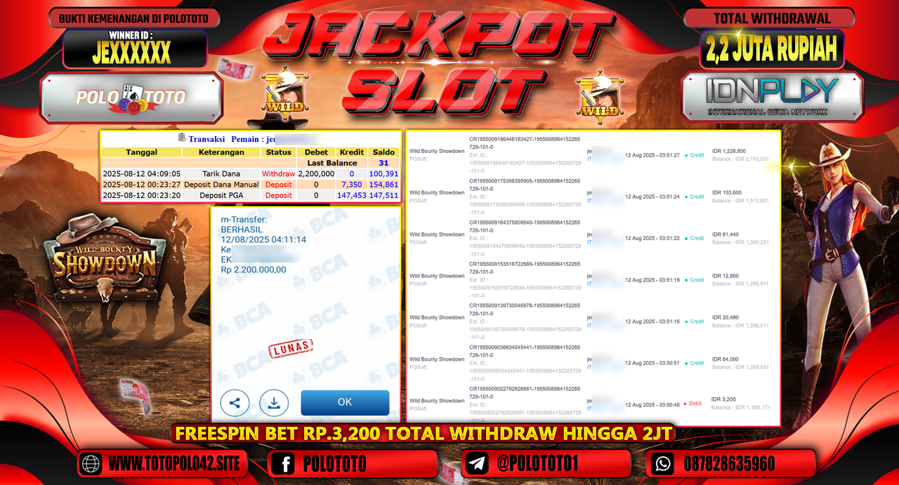POLOTOTO JACKPOT SLOT WILD BOUNTY SHOWDOWN Rp.2.200.000,-LUNAS