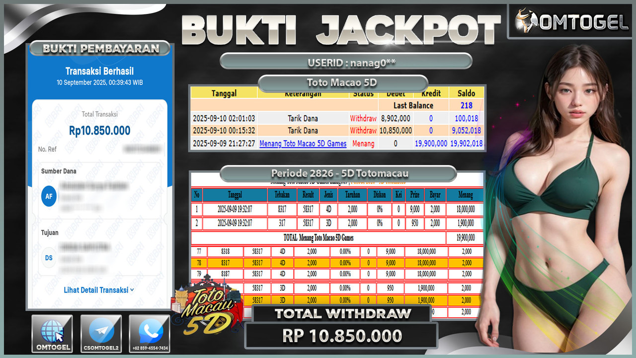 OMTOGEL JACKPOT TOTO MACAU 5D MODE 4D 3D 10 JUTA DI BAYAR LUNAS ,-