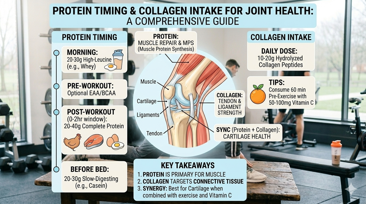 Infographic showing protein intake timing and collagen + vitamin C pre-mobility for optimal joint and connective tissue health for best mobility exercises for deeper squats