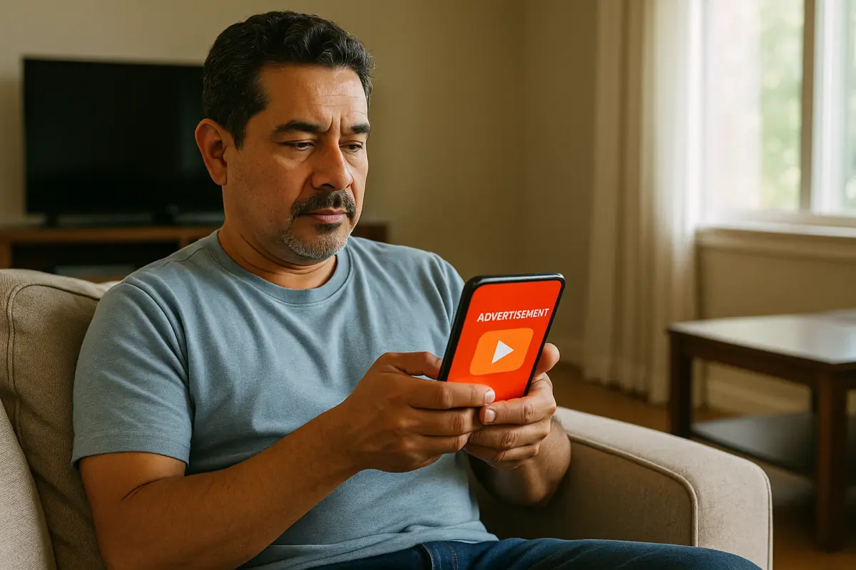 Hombre latino viendo anuncios en su celular desde el sofá, en una sala sencilla con luz natural – 2025