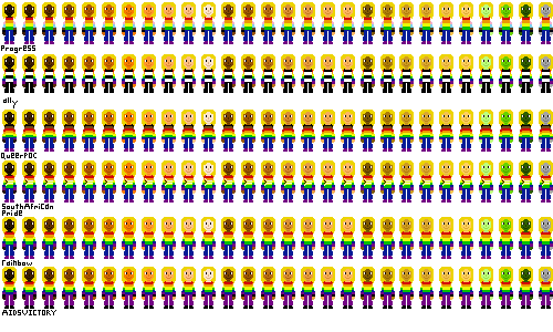 a row of people with pride flag shirts and blond hair