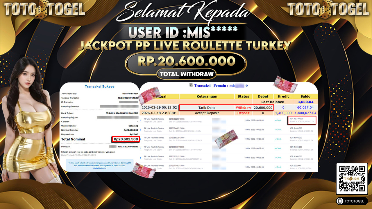 Bukti Pembayaran Jackpot Permainan Pragmatic Live PP Live Roulette Turkey ID:MIS*****LUNAS