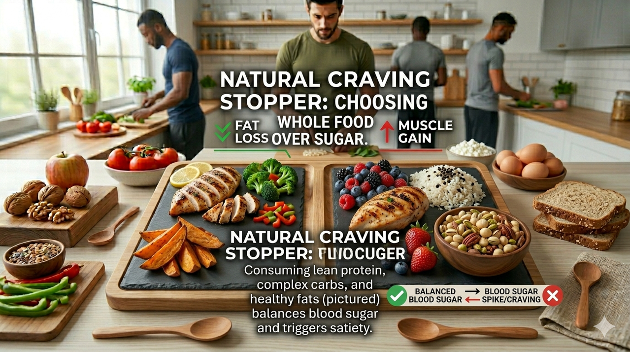 Cutting diet foods including lean protein chicken breast, white fish, broccoli, spinach, sweet potato, and berries for fat loss