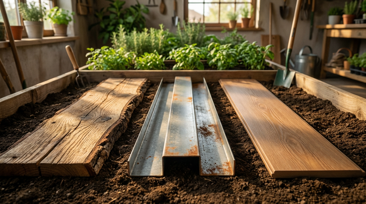 Различные материалы для бортов высоких грядок: дерево, металл и пластик