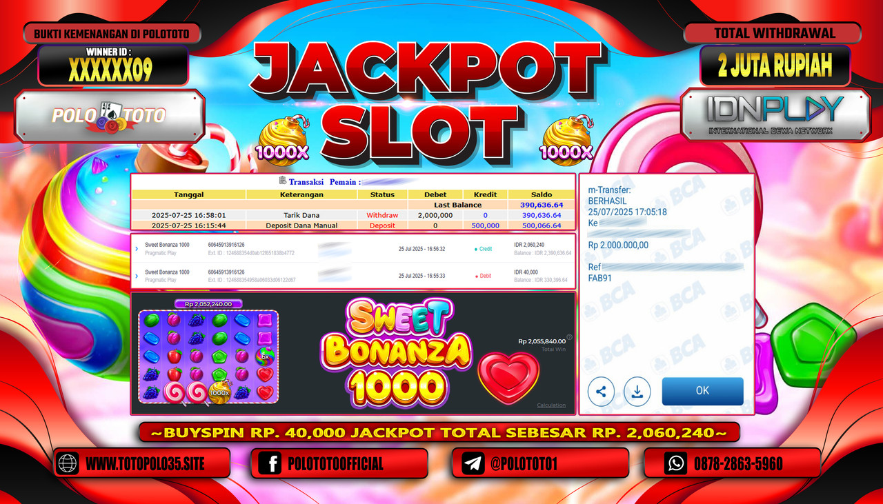 POLOTOTO JACKPOT SLOT SWEET BONANZA 1000 Rp.2.000.000,- LUNAS
