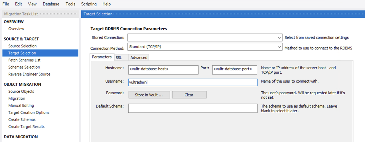 MySQL Workbench Target Selection