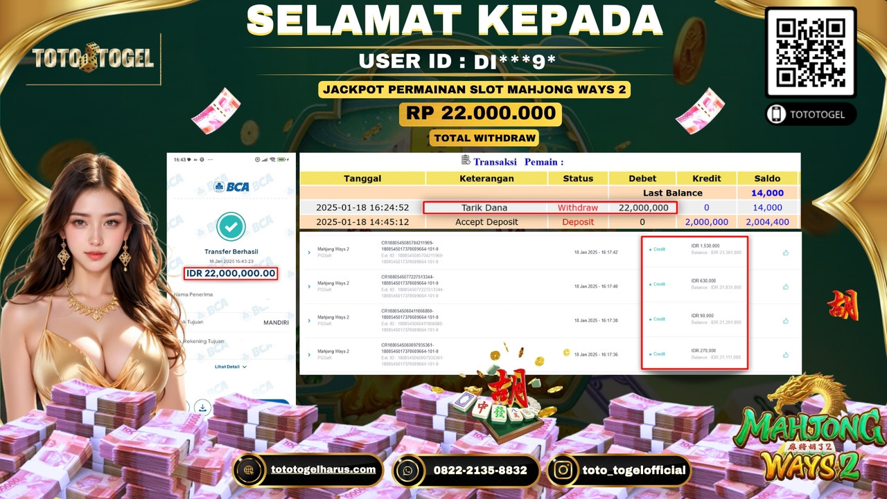 Bukti Pembayaran Jackpot  Permainan Slot Mahjong Ways 2  :DI****9*  LUNAS