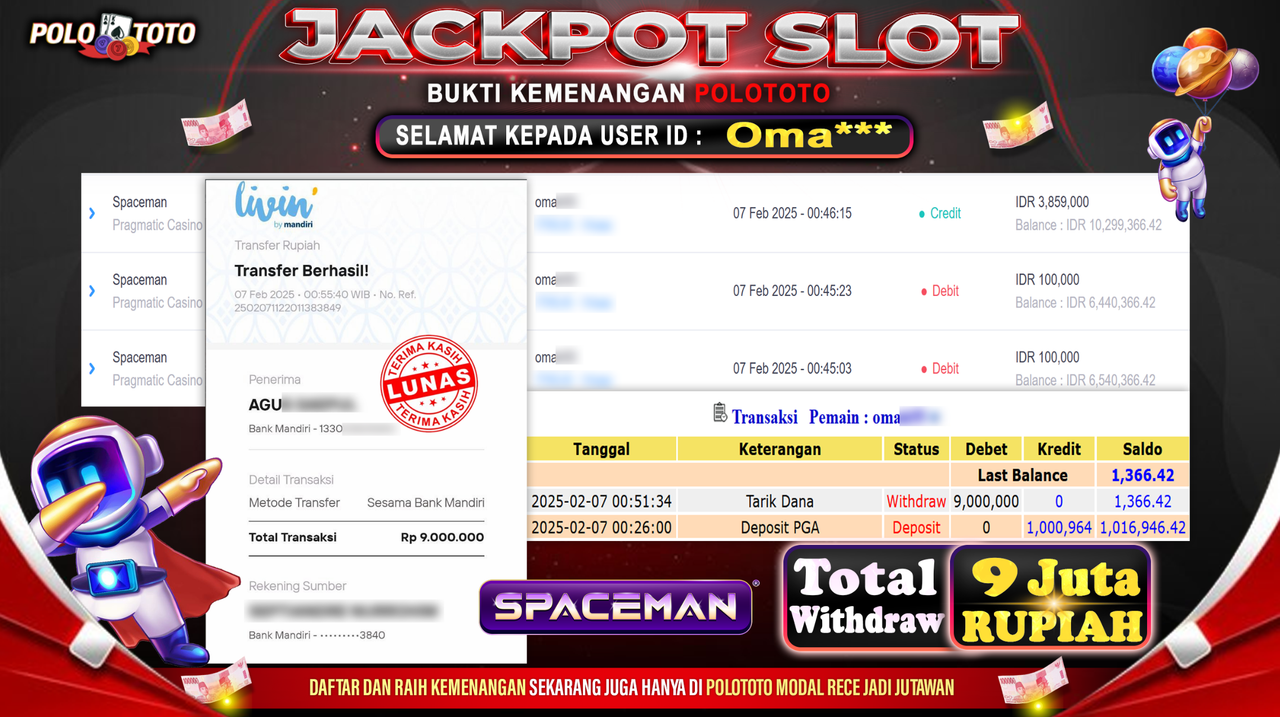 POLOTOTO JACKPOT SLOT SPACEMAN Rp.9,000.000,-