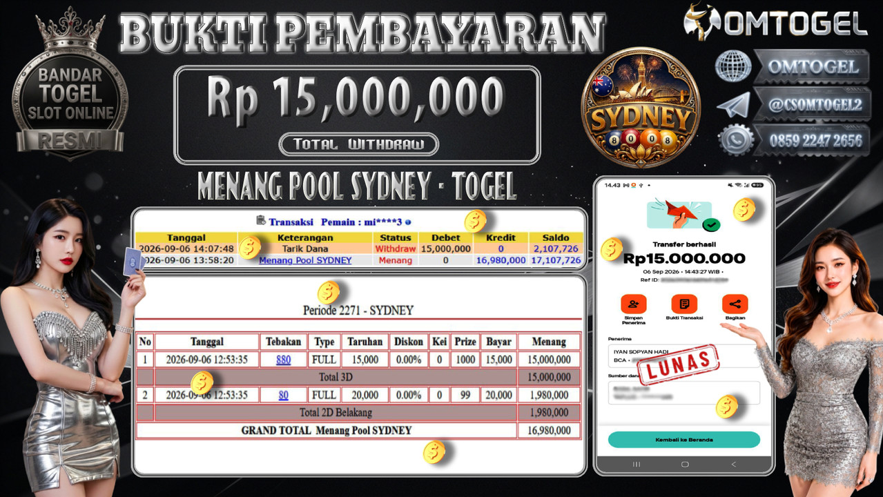 OMTOGEL JACKPOT MENANG TOGEL SYDNEY Rp.15,000,000,- DIBAYAR LUNAS