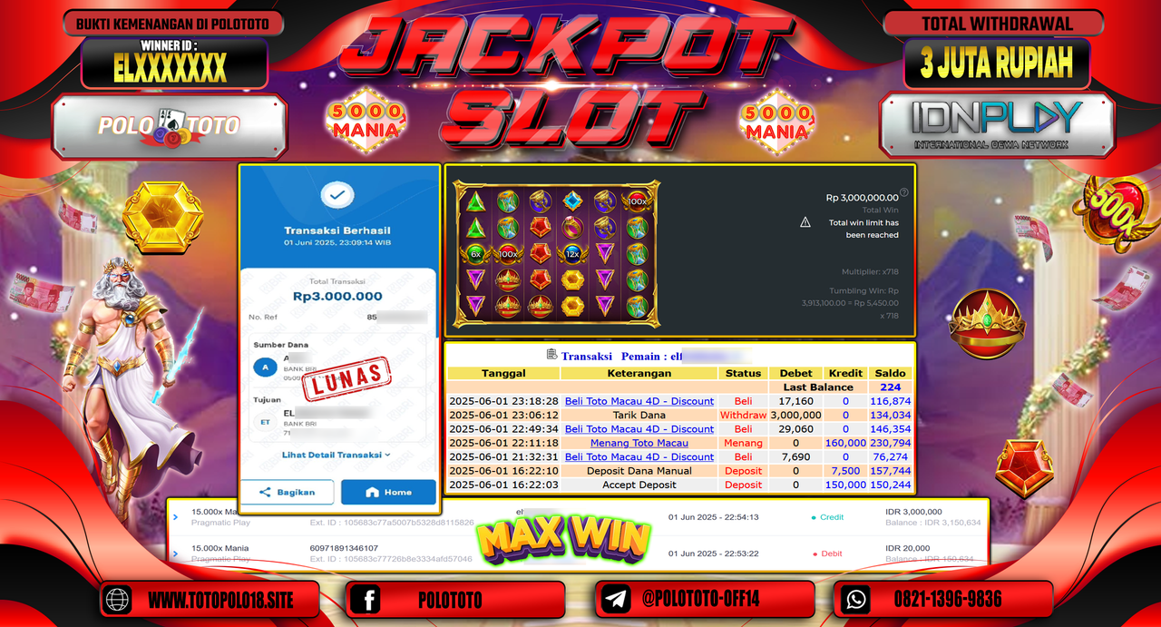 POLOTOTO JACKPOT SLOT 15.000 X MANIA Rp.3.000.000,-