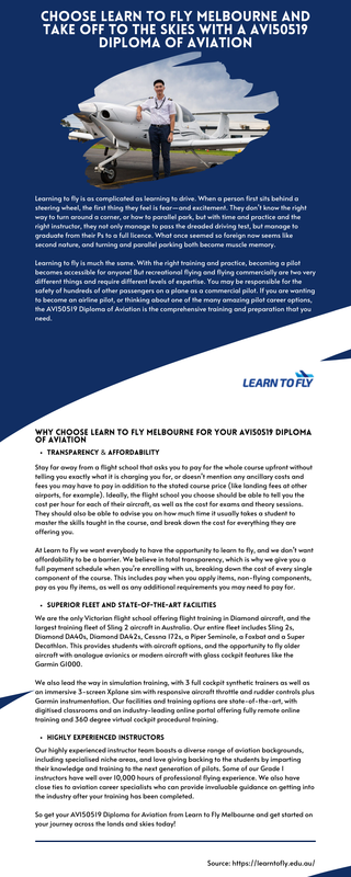 Choose Learn to Fly Melbourne and take off to the skies with a AVI50519 Diploma of Aviation