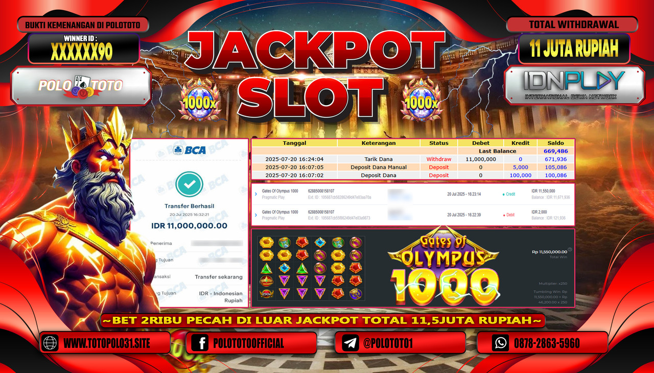 POLOTOTO JACKPOT SLOT GATES OF OLYMPUS 1000 Rp.11.000.000,- LUNAS