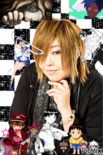 A collage of Megumi Ogata's characters with a picture of her at the center as the main focus.