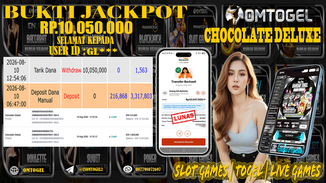 OMTOGEL JACKPOT PG SOFT CHOCOLATE DELUXE  Rp,10,050,000,- DIBAYAR LUNAS