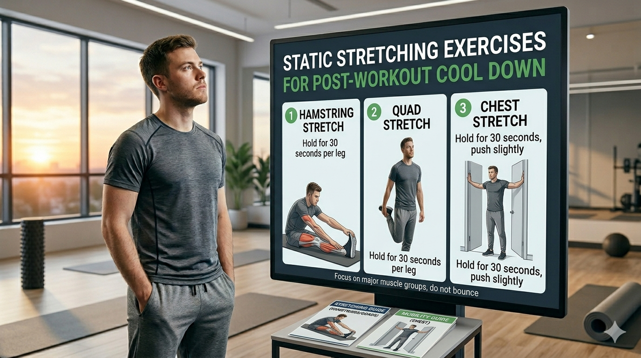 Static stretching exercises for post workout cool down including hamstring, quad, and chest stretches for recovery