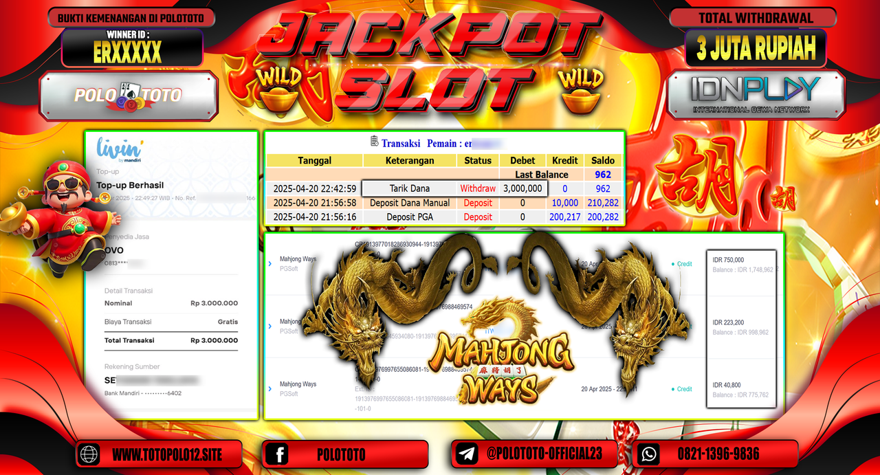 POLOTOTO JACKPOT SLOT MAHJONG WAYS Rp.3.000.000,-