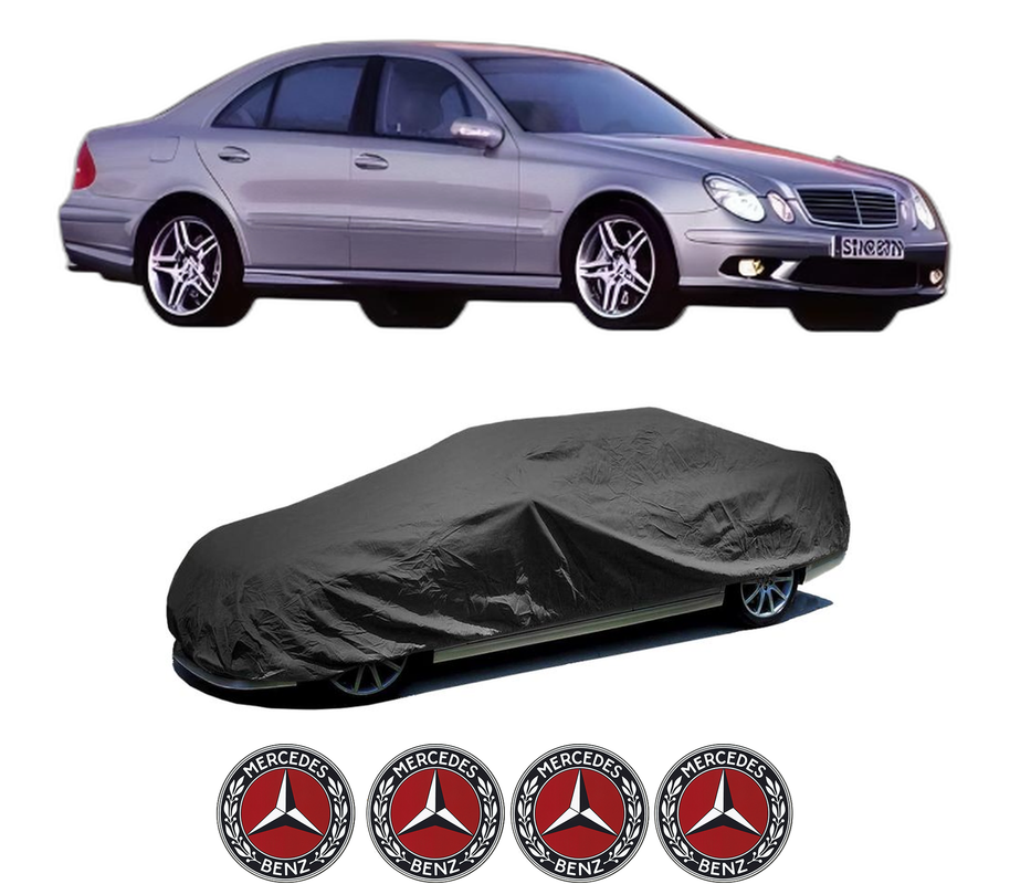 Husa tip prelata auto pentru MERCEDES-BENZ E-CLASS (W211) din 2002-2008, Culoare Negru, material textil impermeabil, rezistanta la intemperii praf UV, CARPASSION Husa Protectie, 4 Stickere auto cu MERCEDES-BENZ