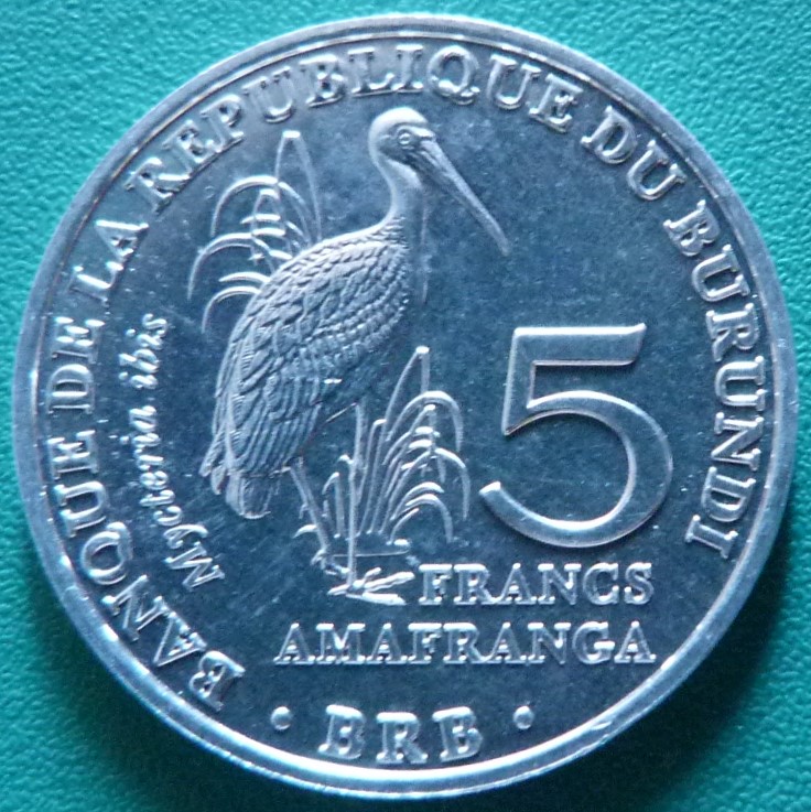 Burundi (2014) Serie de aves africanas BUR-5-Francos-2014-Mycteria-ibis-rev