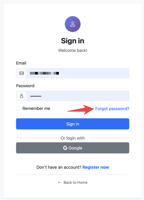 Forgot password link on MegaAcc login page for password recovery