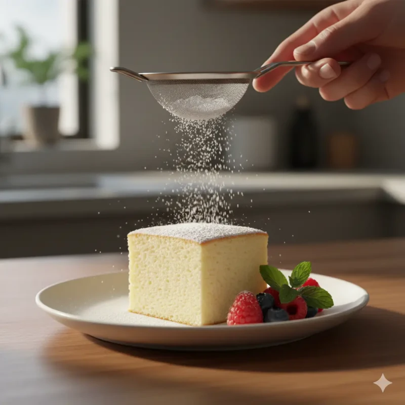 Japanese cheesecake dressing with fresh berries, mint, and powdered sugar