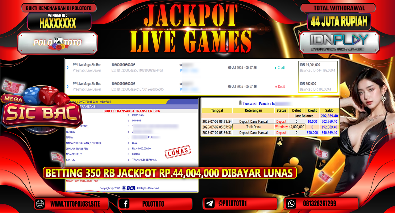 POLOTOTO JACKPOT LIVE GAMES PP LIVE MEGA SIC BAO Rp.44.000.000,-