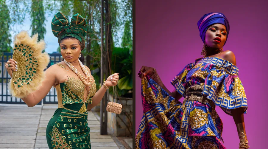 African fashion for women Model in vibrant Ankara dress with geometric patterns