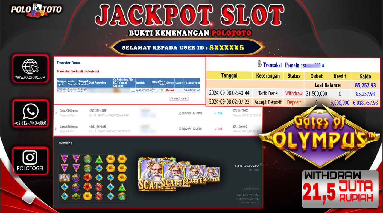 POLOTOTO JACKPOT SLOT GATES OF OLYMPUS Rp.21.500.000,- LUNAS