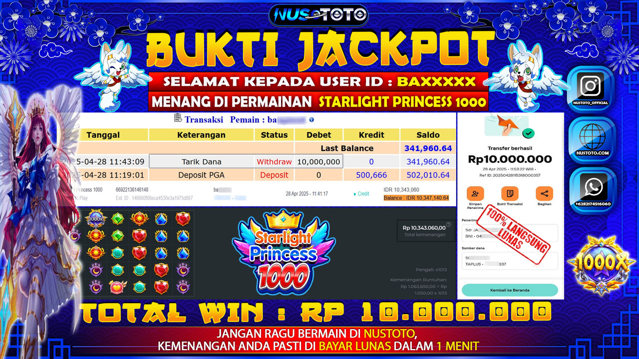 JACKPOT !! MENANG BESAR DI SLOT STARLIGHT PRINCESS 1000 Rp. 10.000.000 LANGSUNG DI BAYAR LUNAS NUSTOTO !!
