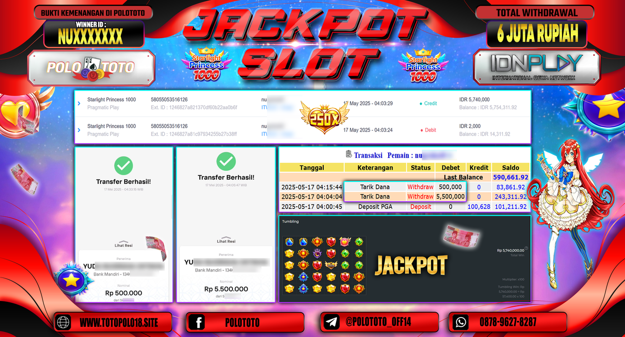 POLOTOTO JACKPOT SLOT STARLIGHT PRINCESS 1000 Rp.6.000.000,-