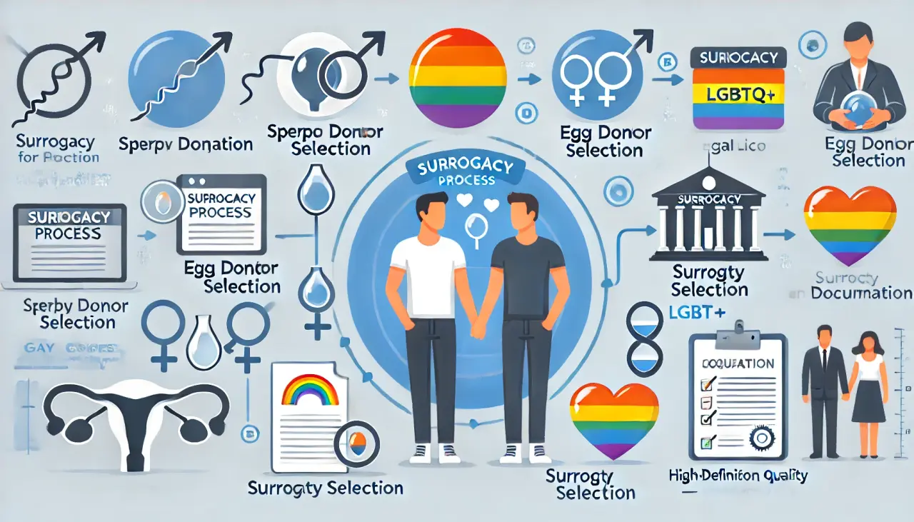 Steps in the surrogacy process for gay couples, including sperm donation and legal documentation.