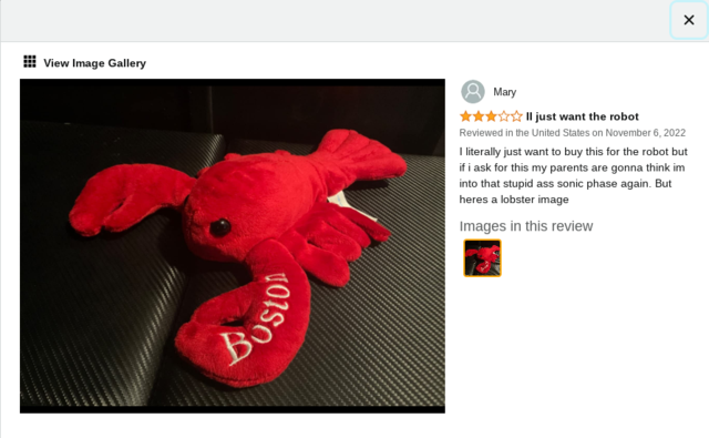 Review text: 2 stars II just want the robot. I literally just want to buy this for the robot but if i ask for this my parents are gonna think im into that stupid ass sonic phase again. But heres a lobster image. Boston plush lobster image.