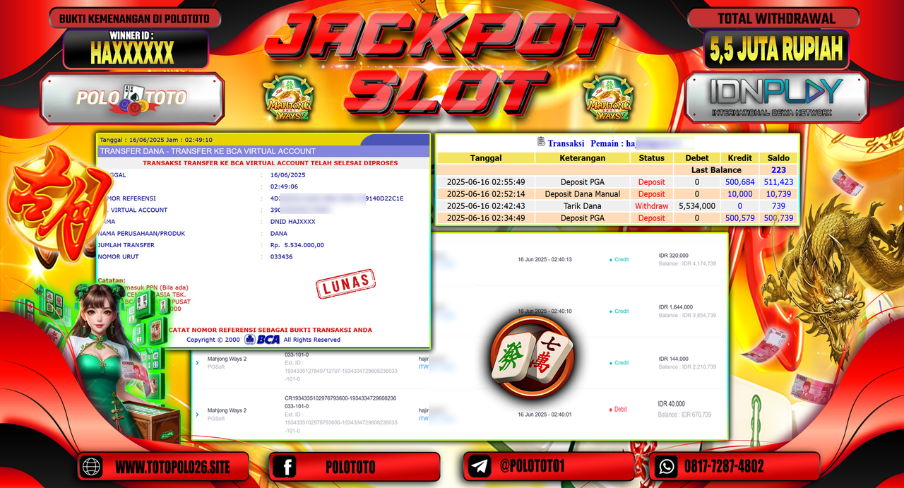 POLOTOTO JACKPOT SLOT MAHJONG WAYS Rp.5.534.000,-