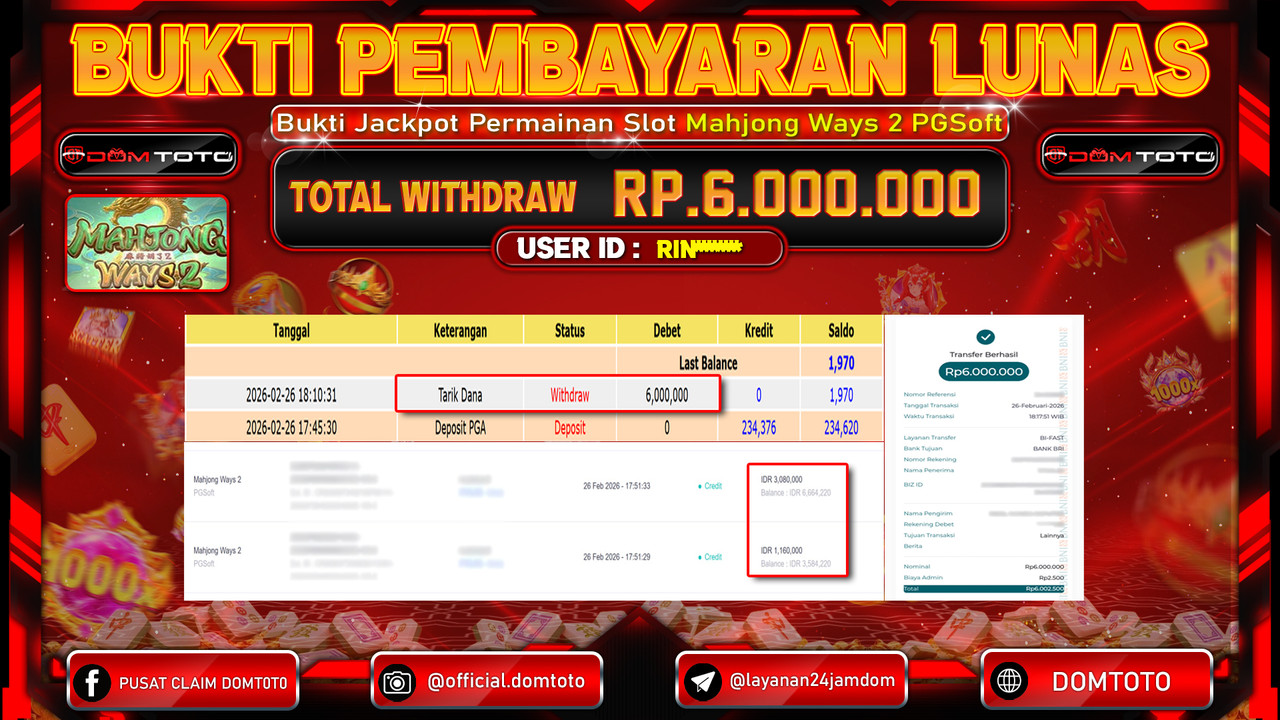 JACKPOT SLOT Mahjong Ways 2 PGSoft 26 FEBRUARI 2026