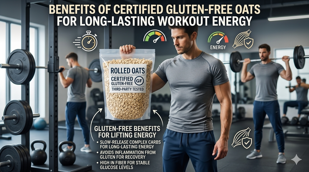 Bag of certified gluten-free rolled oats for the benefits of oats for long-lasting workout energy