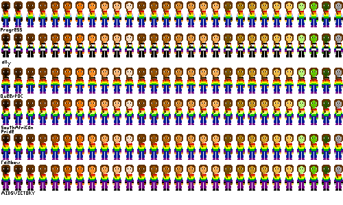 a row of people with pride flag shirts and light brown hair