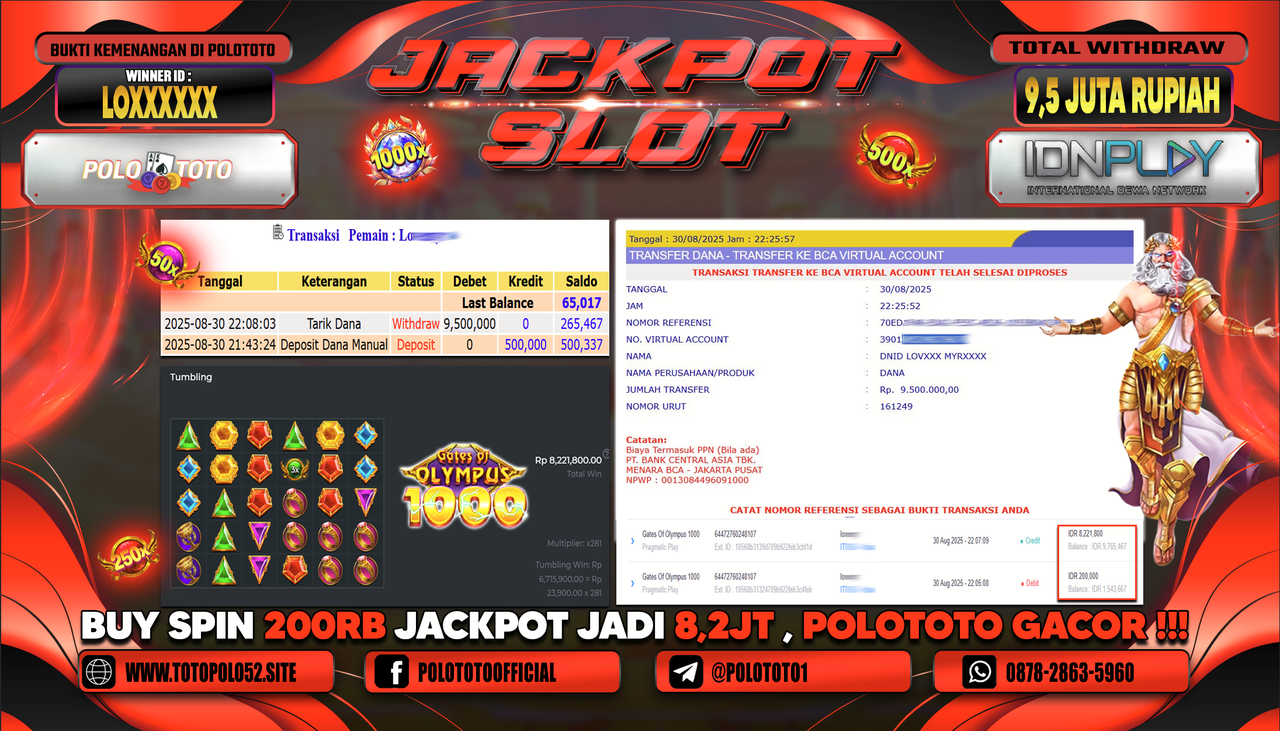 POLOTOTO JACKPOT SLOT GATES OF OLYMPUS 1000 Rp.9.500.000,-