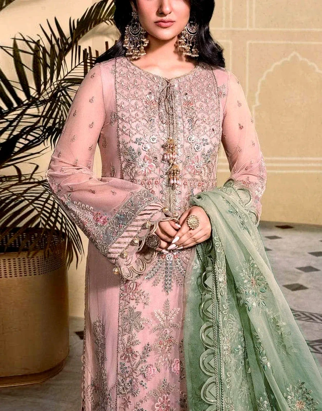 Blush-Pink Organza Unstitched Nikkah Dress – Handcrafted Neck, Mint Net Dupatta