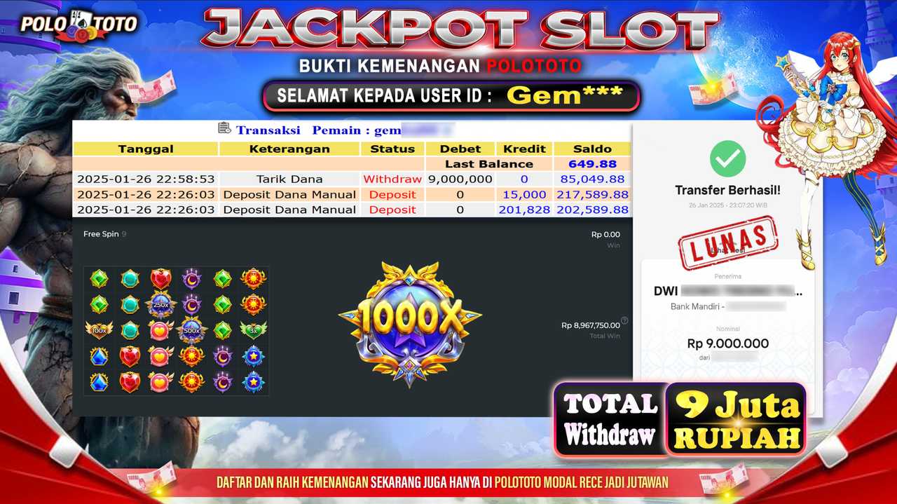POLOTOTO JACKPOT SLOT STARLIGHT PRINCESS 1000 Rp.9,000.000,-