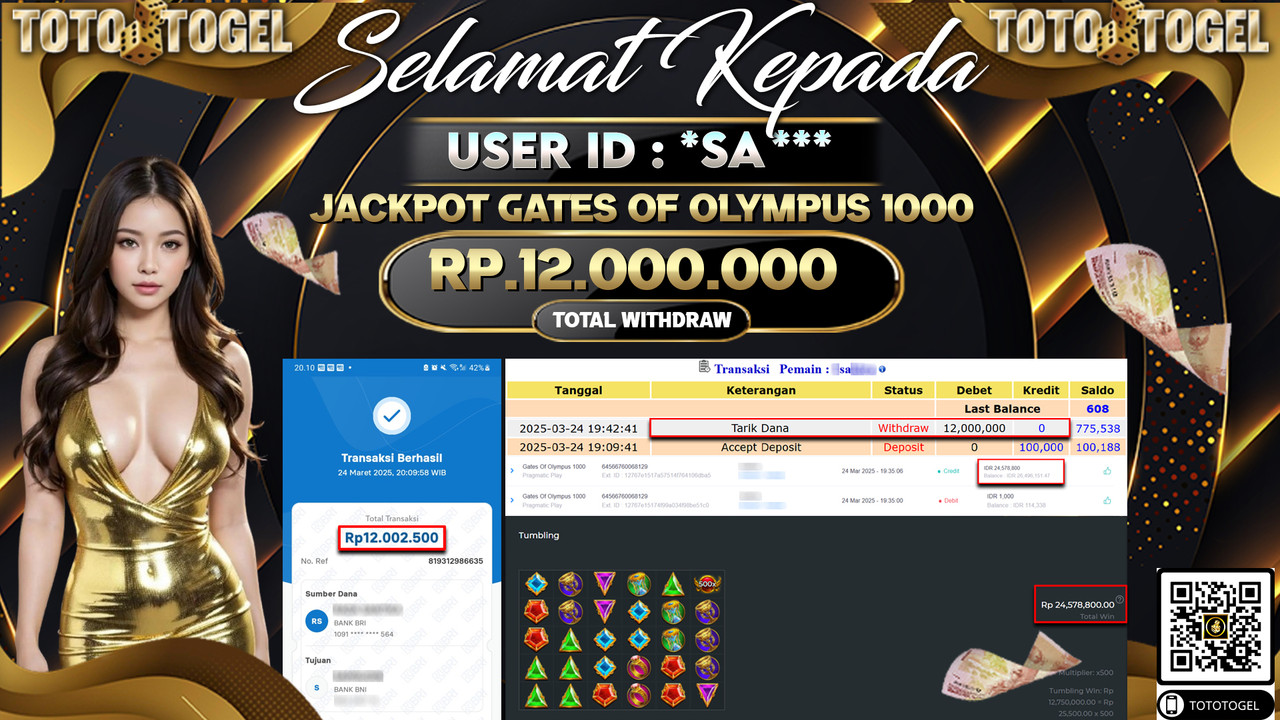 Bukti Pembayaran Jackpot  Permainan Slot Gates Of Olympus 1000 ID:*SA*** LUNAS