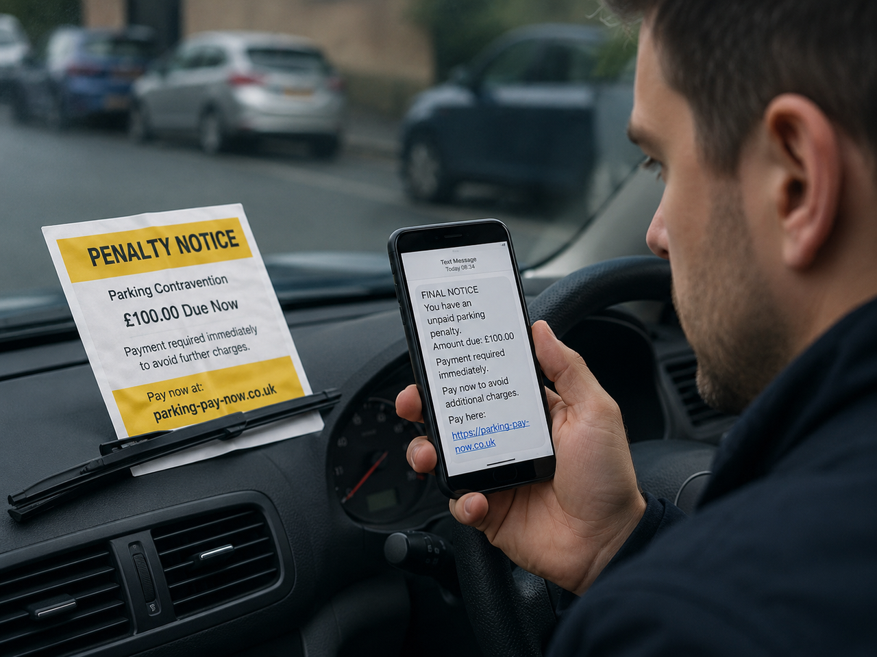 Fake parking penalty notice demanding urgent payment through a suspicious link