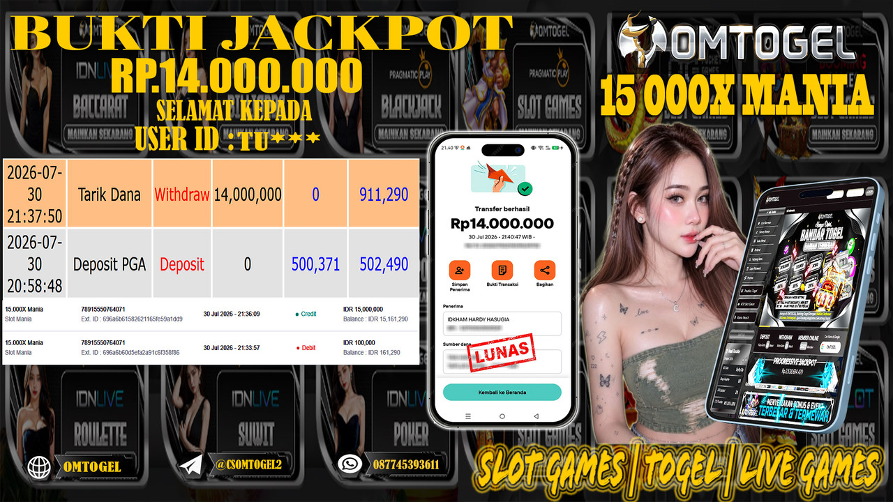 OMTOGEL JACKPOT MENANG SLOT MANIA  Rp,14,000,000,- DIBAYAR LUNAS