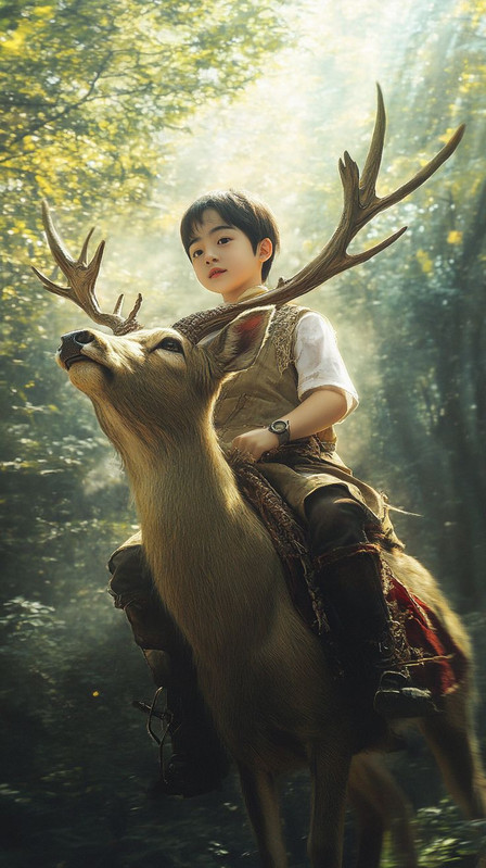 a little boy riding on a deer in a forest