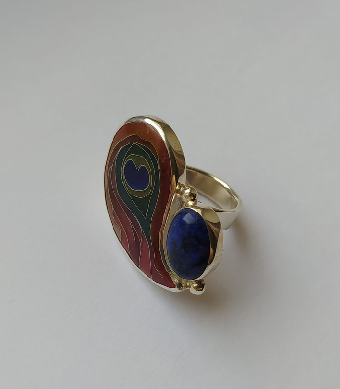 Minankari Ring Peacock Feather, Sterling Silver Lapis Lazuli, from Tbilisi - handmade cloisonne enamel