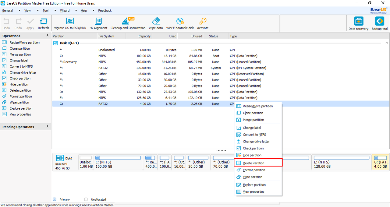EaseUS Partition Master Free - Delete partition