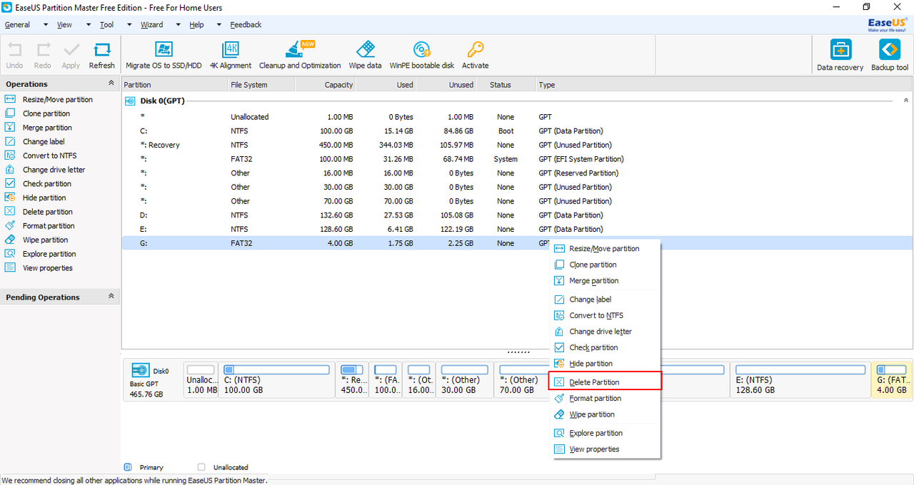 EaseUS Partition Master Free  - Delete partition