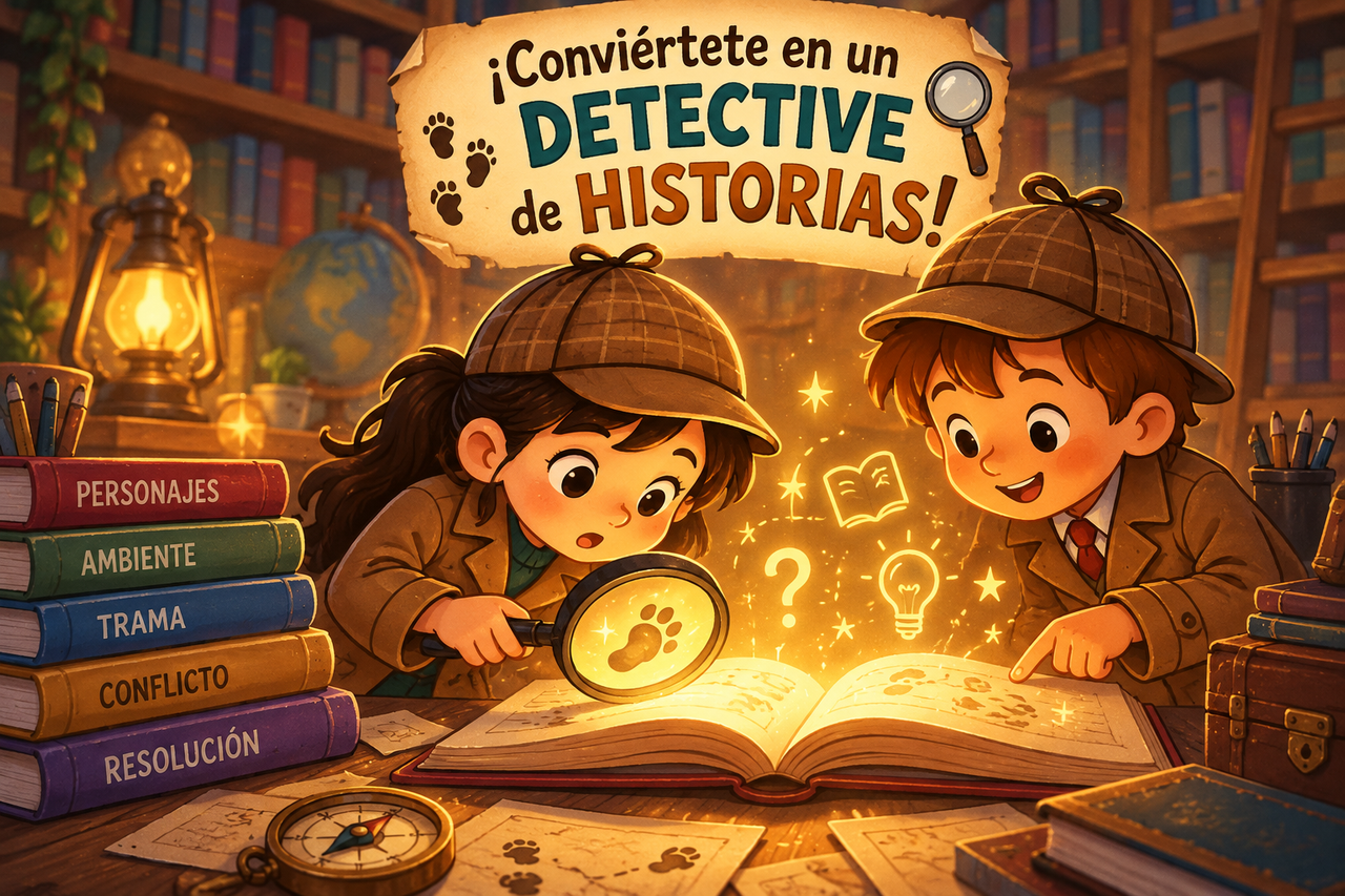 Dos niños vestidos de detectives investigan un libro en una biblioteca, utilizando una lupa para descubrir los elementos de una historia.