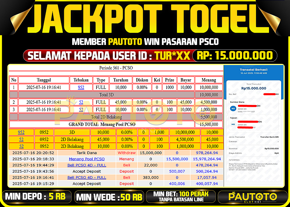 BUKTI PEMBAYARAN TGL 16 JULY 2025 MENANG DI PASARAN PSCO TOTAL WD 15 JUTA
