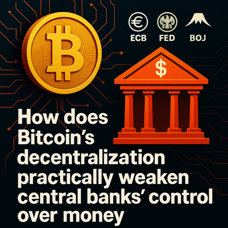 How does Bitcoin's decentralization practically weaken central banks' control over money