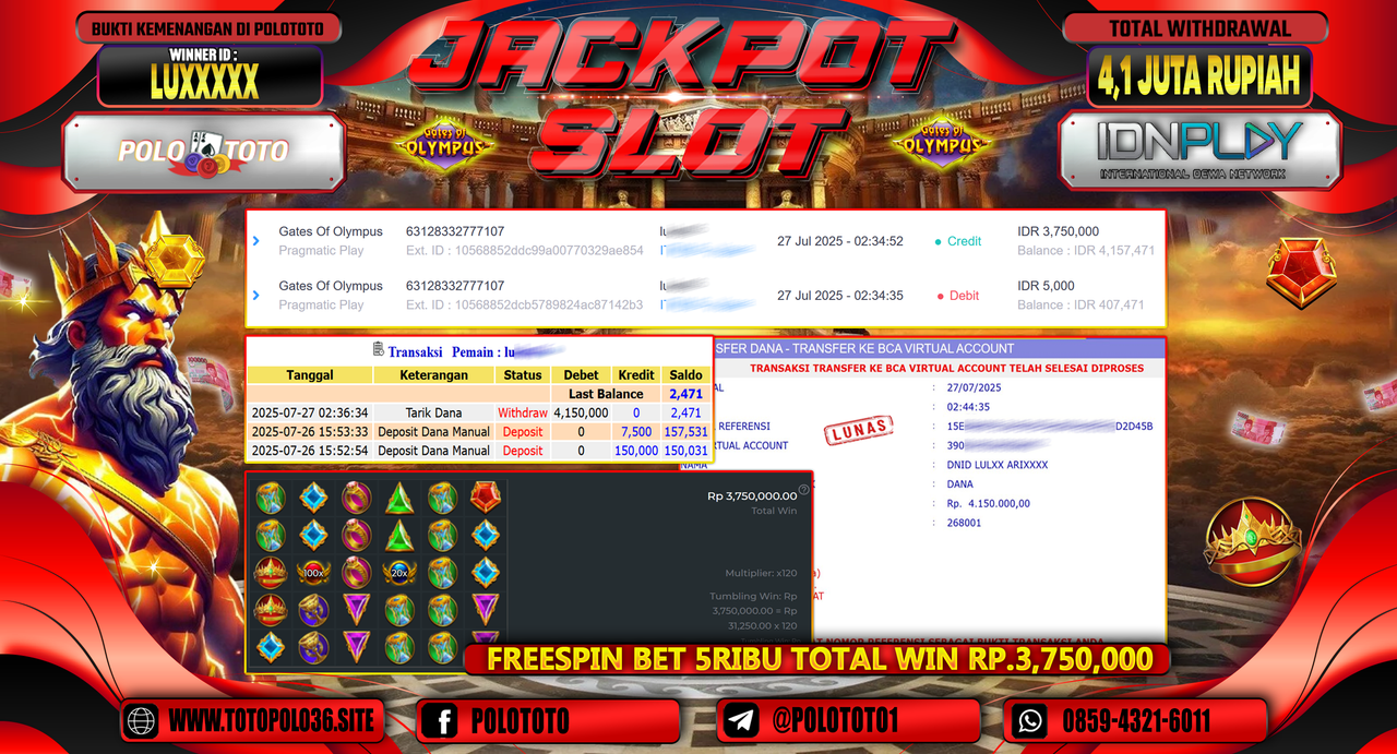 POLOTOTO JACKPOT SLOT GATES OF OLYMPUS Rp.4.100.000,-LUNAS
